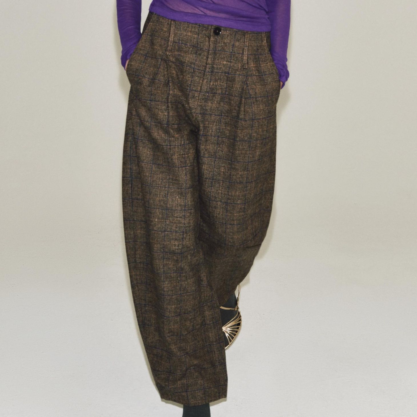 Zw Collection Barrel Check Wool Blend Trousers - Tobacco - Xs