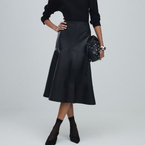Black Leather a Line Midi Skirt