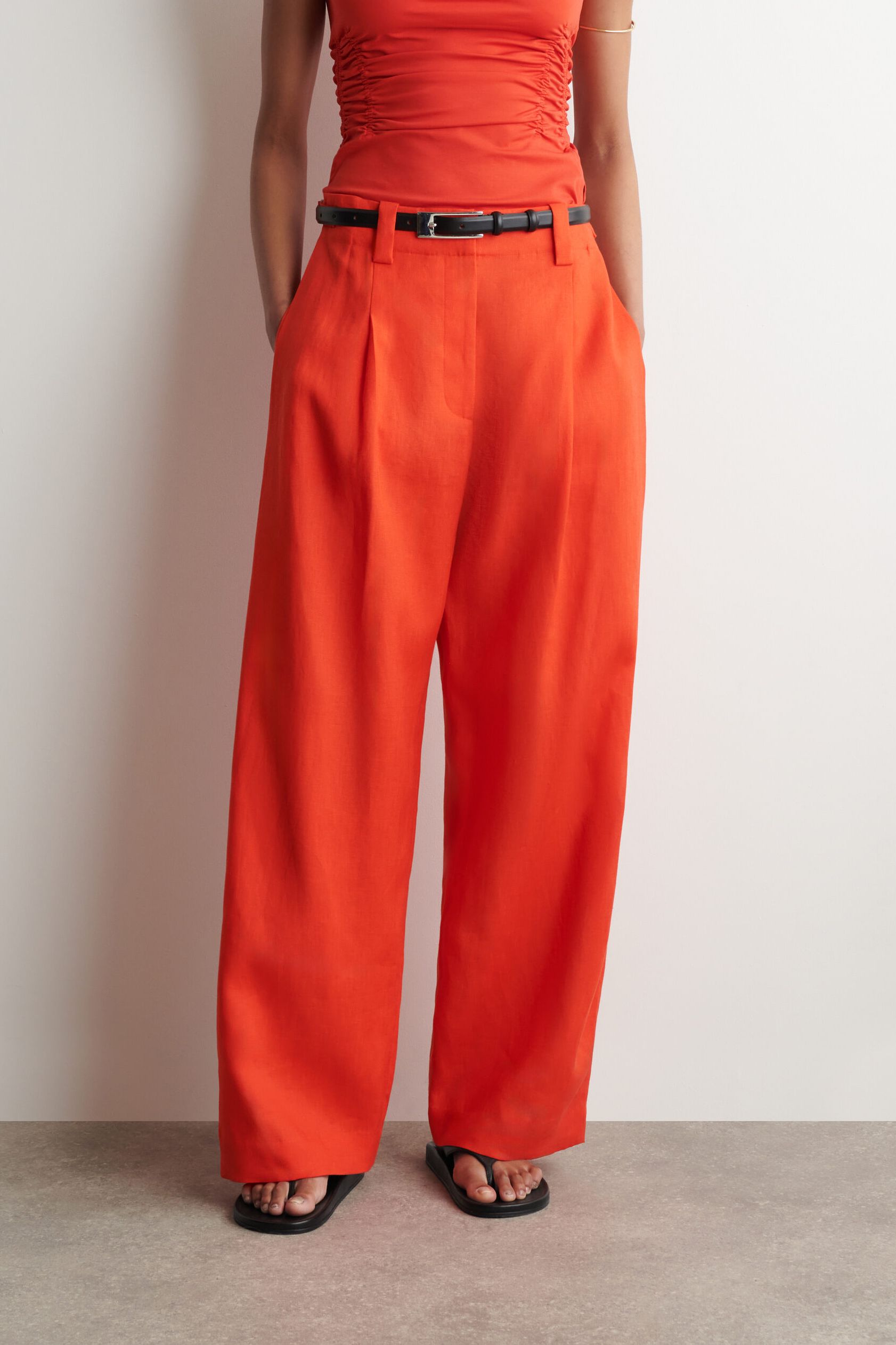 Buckle-Detail Linen Balloon-Leg Trousers