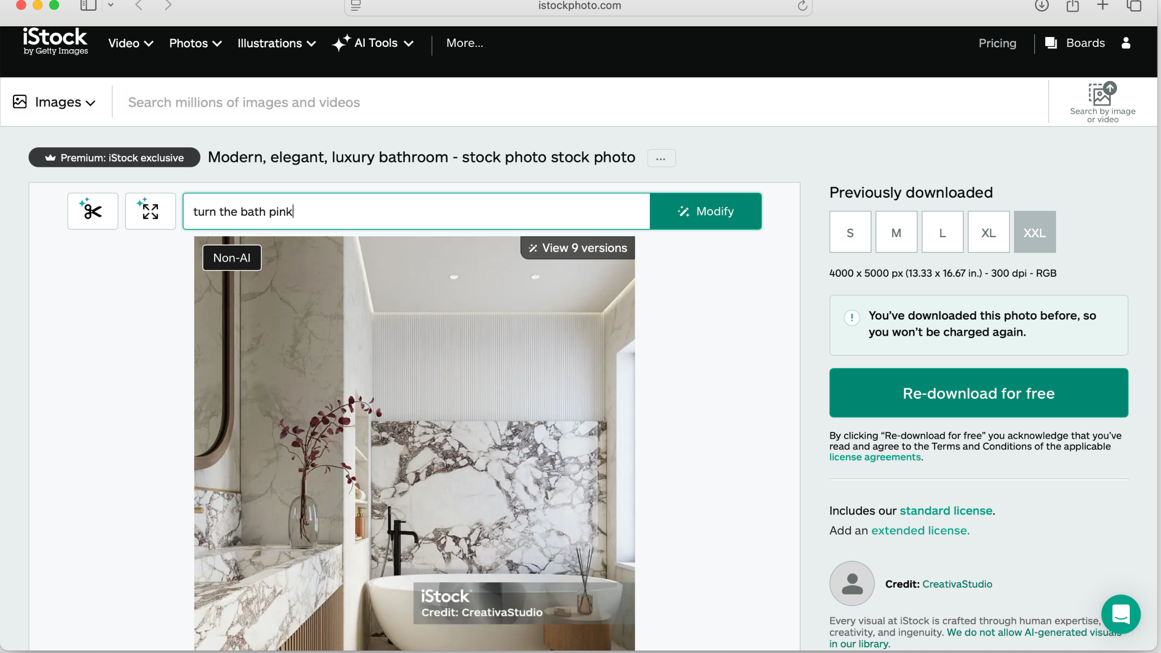 iStock screenshot AI page with field to type in required AI modifications right at the top