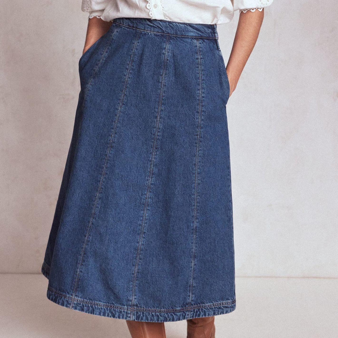 Joy Panelled Denim Skirt-Mid Wash