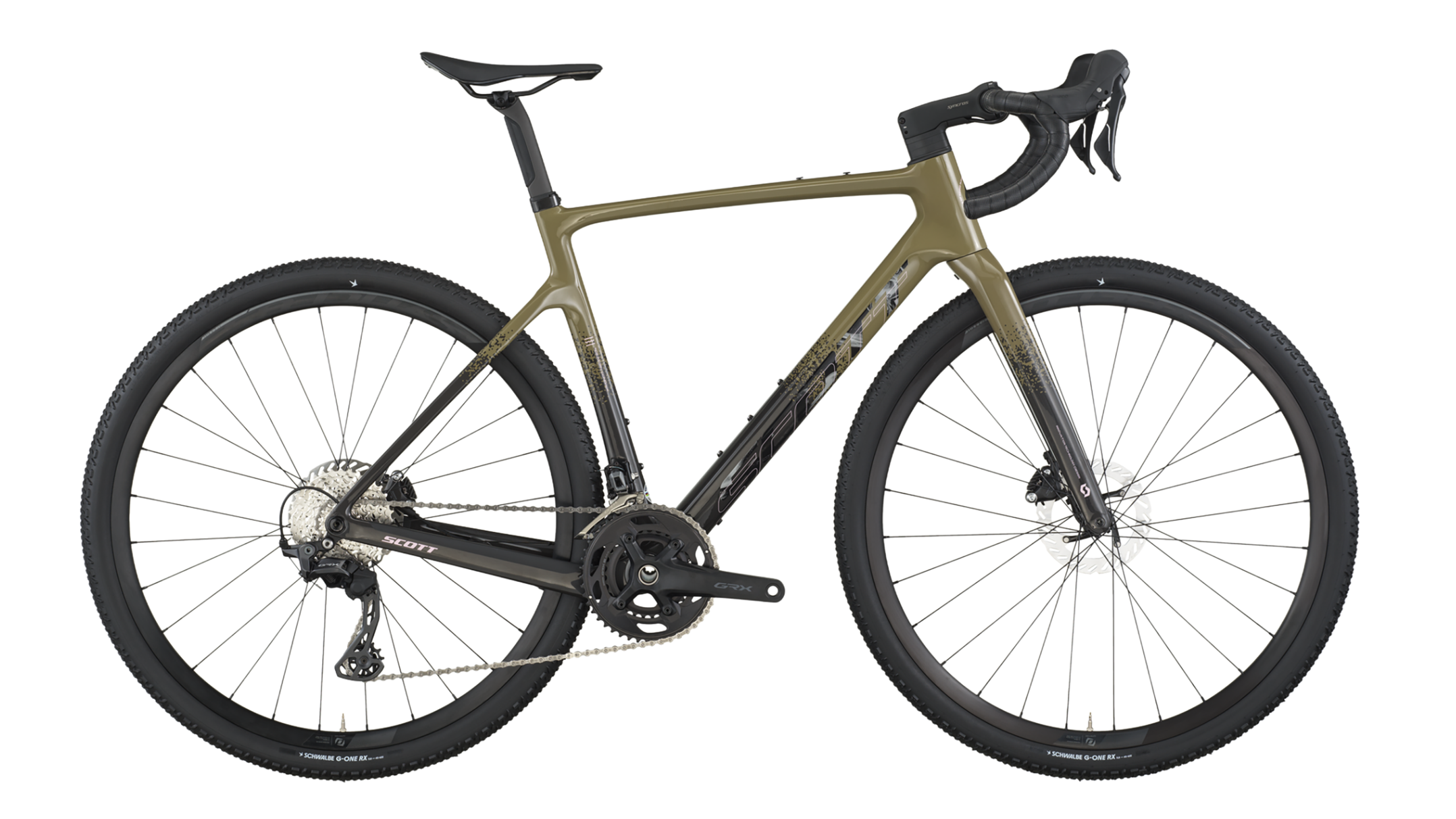 Khaki and black Scott gravel bike on a white background