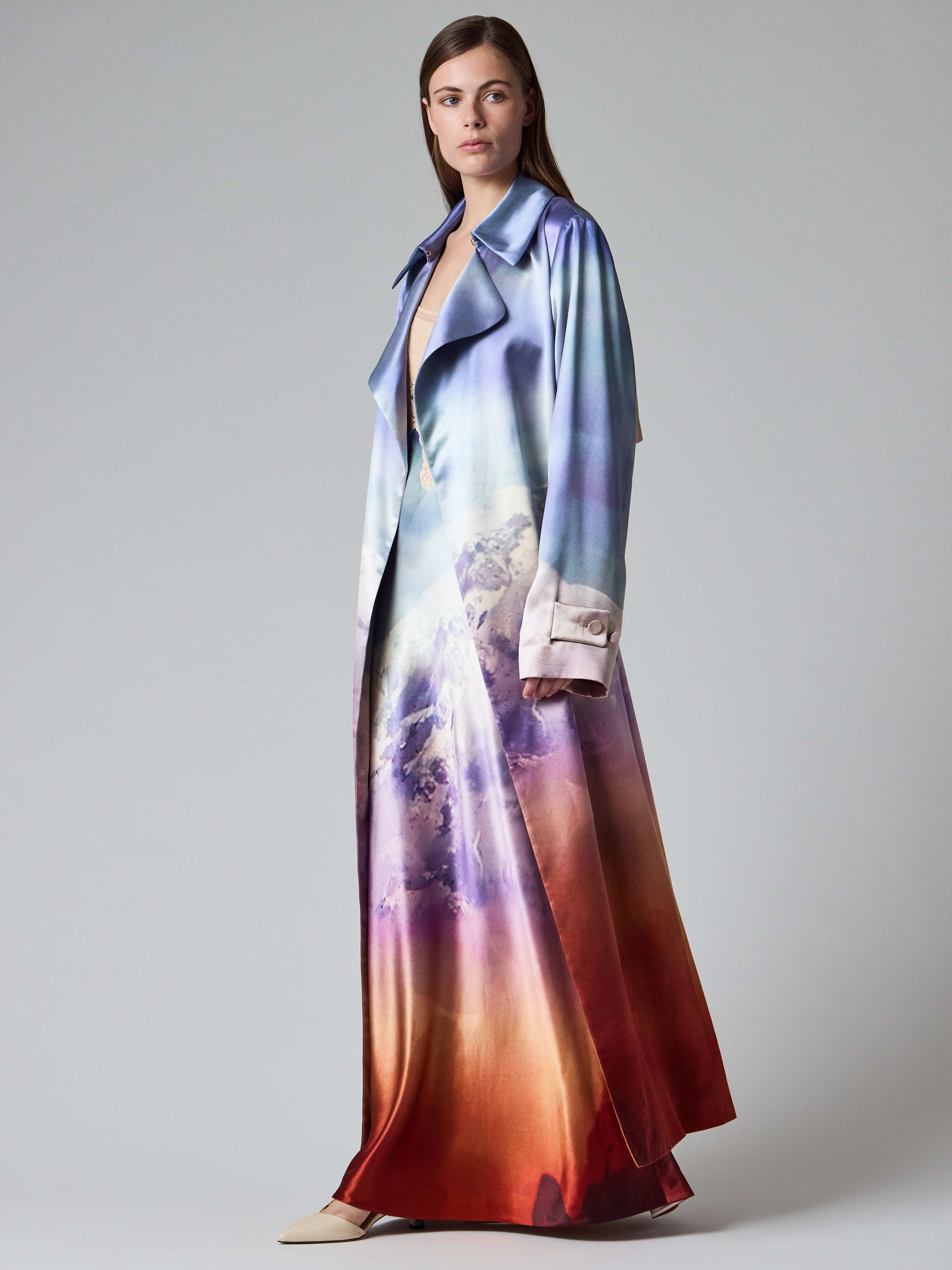 Paul Smith x Gabriela Hearst Lyra Blue Mountain Print Silk Wrap Trench Coat