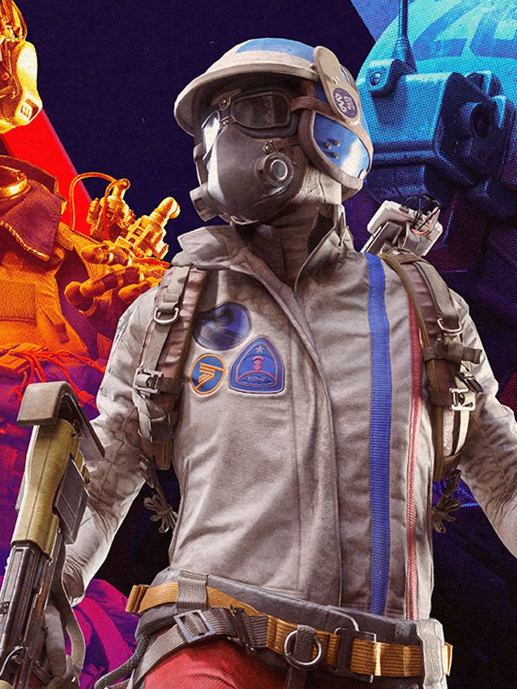 Arc Raiders: Key art for the game showing a character wearing makeshift armour and helmet, walking forward with a gun by their side. There are two more characters in the background overlayed by an orange and blue hue on the left and right respectively.