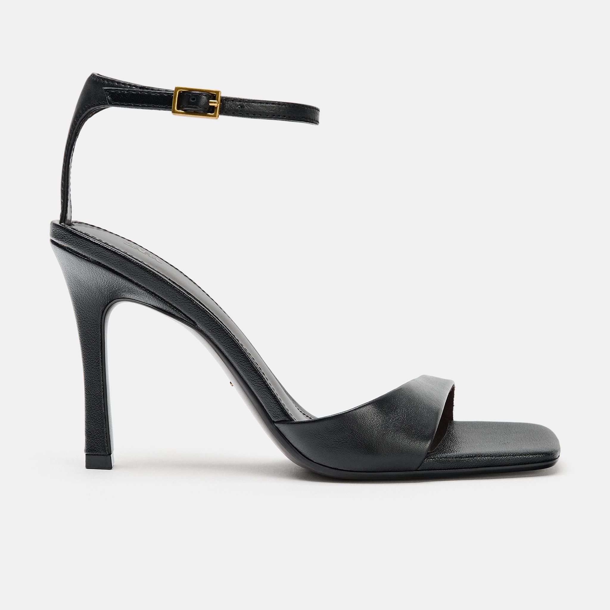 Asymmetric Leather Heeled Sandals - Black - 2