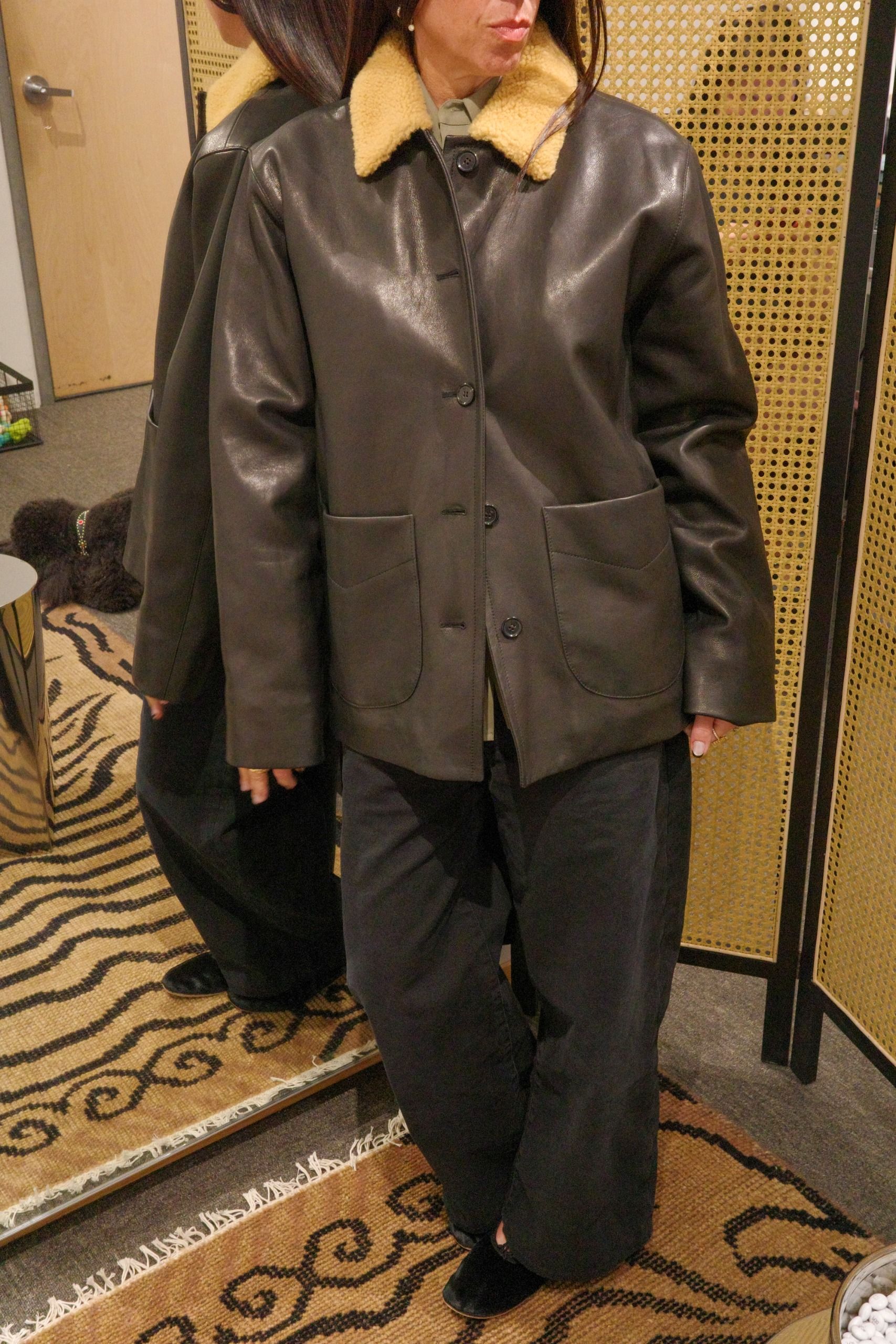 Marci Hirshleifer styles a leather jacket by Khaite