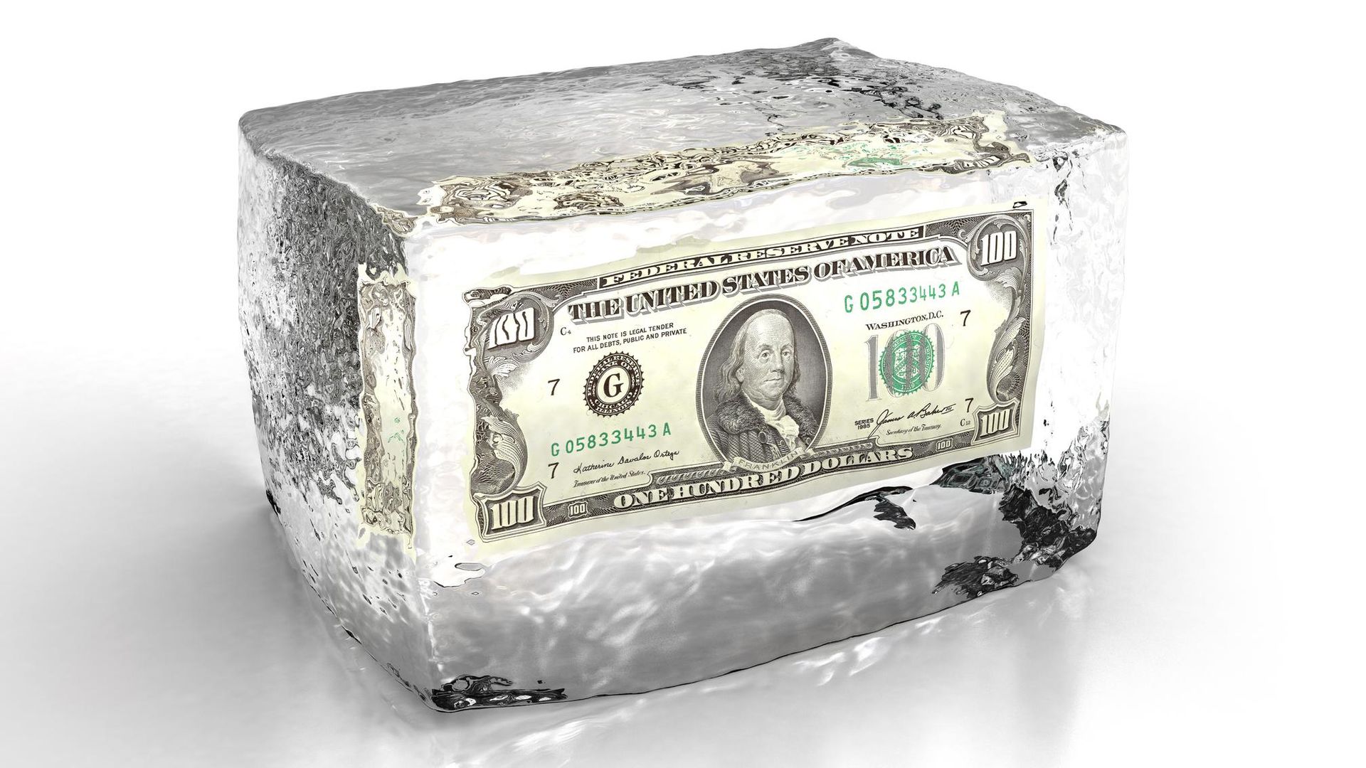 100 dollar bill frozen in ice cube