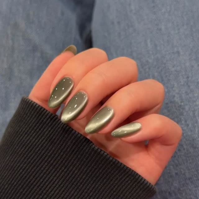 sage green cat eye nails