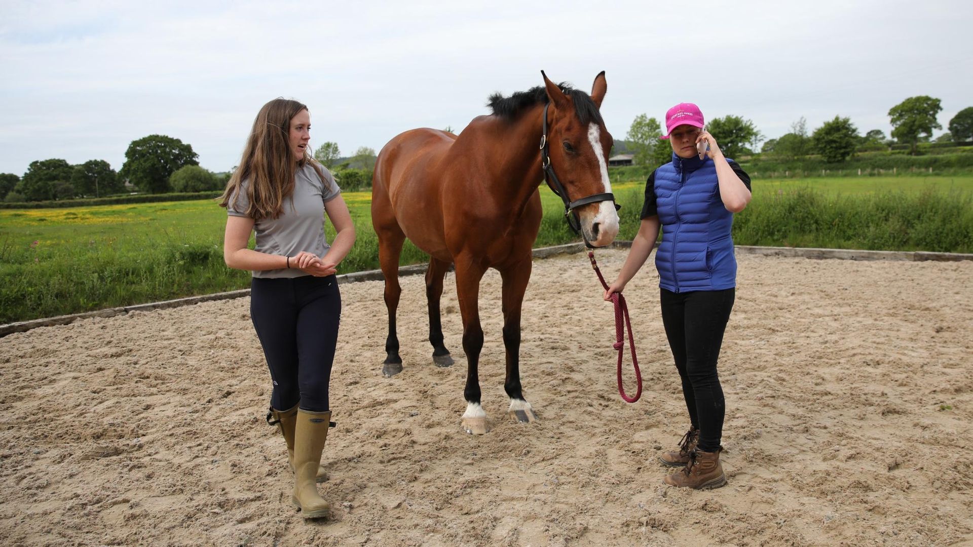 A bay horse stood in the corner of an arena with his handler and another woman; his handler is on the phone