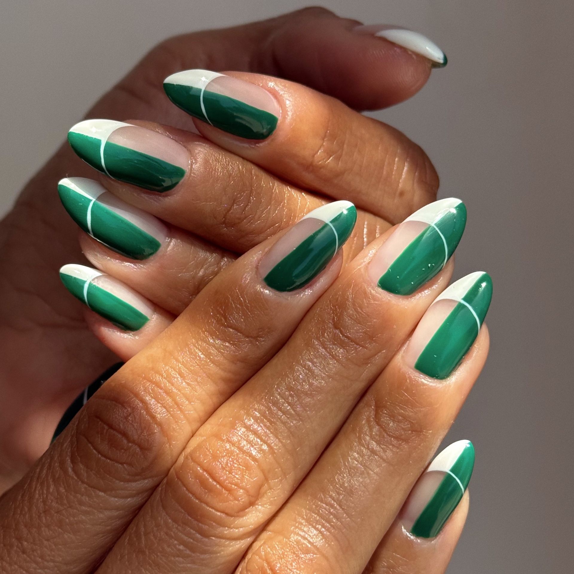 green and white geometric french manicure