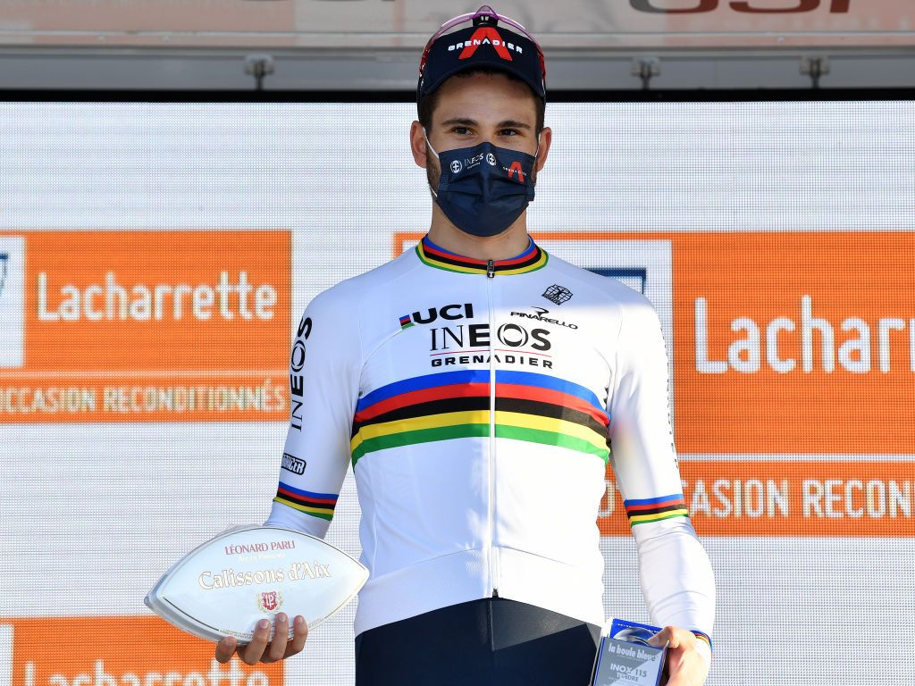 BERRELTANG FRANCE FEBRUARY 10 Filippo Ganna of Italy and Team INEOS Grenadiers celebrates at podium as stage winner after the 6th Tour De La Provence 2022 Prologue a 71km Individual Time Trial stage from Berreltang to Berreltang TDLP22 ITT on February 10 2022 in Berreltang France Photo by Luc ClaessenGetty Images