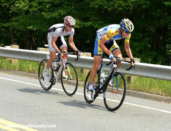 Marc de Maar (UnitedHealthCare Pro Cycling Team) attacks but is marked by Chad Beyer (Competitive Cyclist Racing Team)