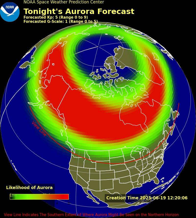 graphic showing the possible aurora view line and the likelihood of aurora over the US
