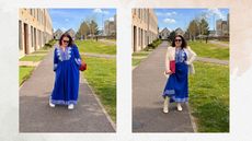 Rivkie Baum wearing Boden blue notch neck dress