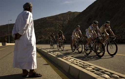 The HTC-Columbia team warms up for Tour of Oman