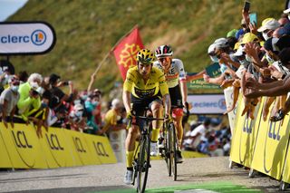 CANTAL FRANCE SEPTEMBER 11 Arrival Primoz Roglic of Slovenia and Team Jumbo Visma Yellow Leader Jersey Tadej Pogacar of Slovenia and UAE Team Emirates during the 107th Tour de France 2020 Stage 13 a 1915km stage from ChtelGuyon to Pas de PeyrolLe Puy Mary Cantal 1589m TDF2020 LeTour on September 11 2020 in Cantal France Photo by AnneChristine Poujoulat PoolGetty Images