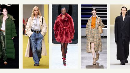 A composite of models on the runway wearing coat trends 2023