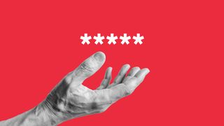 A black and white hand outstretched, beneath five white asterisks representing a hacker seizing a password. Both are set against a solid red background.