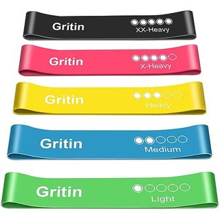 Gritin Resistance Bands, [set of 5] Skin-Friendly Resistance Fitness Exercise Loop Bands With 5 Different Resistance Levels - Carrying Case Included - Ideal for Home, Gym, Yoga, Training