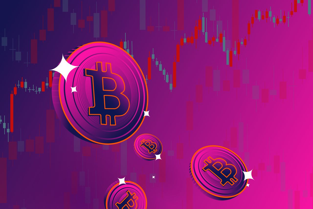 Cryptocurrency illustration concept shows the abstract of trading bitcoin on the neon color background with the financial graph.