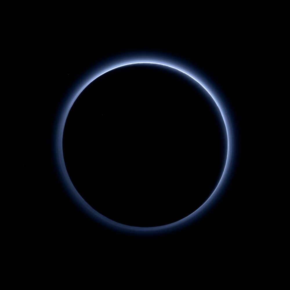 Pluto’s haze layer displays a blue color in this image obtained by the New Horizons spacecraft&#039;s Ralph/Multispectral Visible Imaging Camera (MVIC).