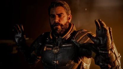 Arjun holds up his hands in a Saros cinematic