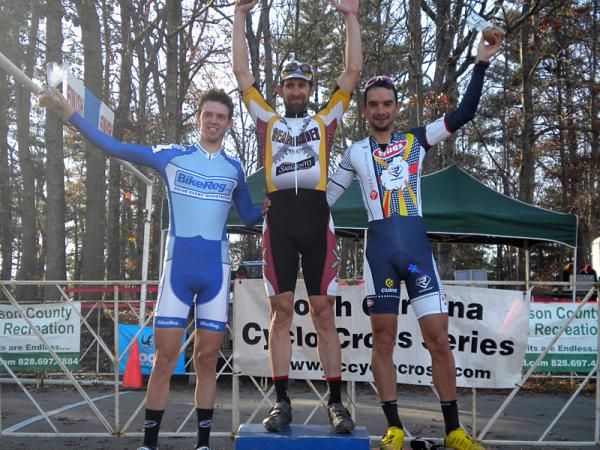 Elite men's podium (l-r): Ryan Knapp (BikeReg.com), 3rd; Brian Matter (Gear Grinder), 1st; Davide Frattini (Hudz - Subaru), 2nd.