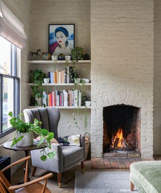 Scandinavian living room with brick wall and house plants