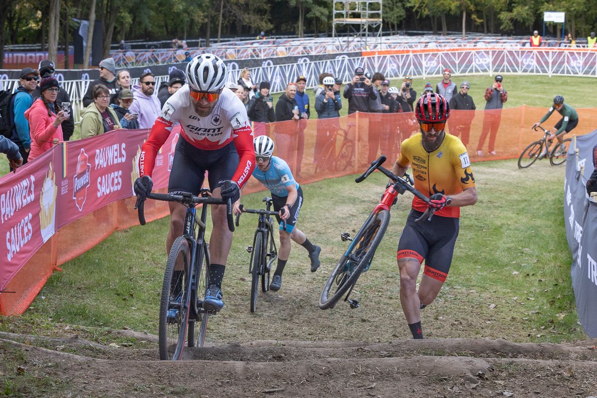 Michael Van Den Ham (Giant x Easton) took the calculated risk of riding the Belgian stairs instead of running.
