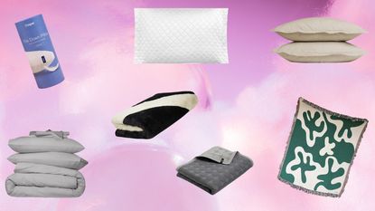 A pink cloud background with 'sale' written in ombre colors and bedding cut outs around it.