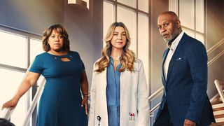(L to R) Miranda Bailey (Chandra Wilson), Meredith Grey (Ellen Pompeo) and James Pickens Jr as Richard Webber in Grey's Anatomy season 19 poster art
