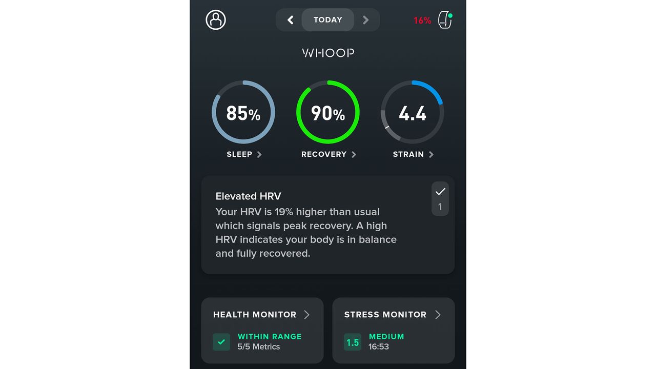 A screenshot of the home page from the Whoop app