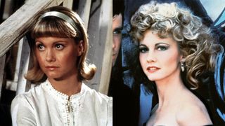 olivia newton john as sandy in her typical good girl look and after she changes her look to be a greaser in grease