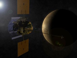 An artist's conception shows the MESSENGER spacecraft in orbit around Mercury. 