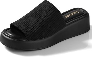 Sandal Platform Leevar untuk Wanita - Sandal Platform Wedges Berbantalan Busa Memori Lembut - Sandal Platform Slip-on Tanpa Punggung untuk Wanita - Sandal Platform Ujung Terbuka Persegi Nyaman Warna Hitam, Ukuran 8 Hitam