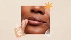 Image of woman applying a glossy balm to her lips with her finger, on a neutral beige background with graphics and clear product swatch