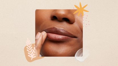 Image of woman applying a glossy balm to her lips with her finger, on a neutral beige background with graphics and clear product swatch
