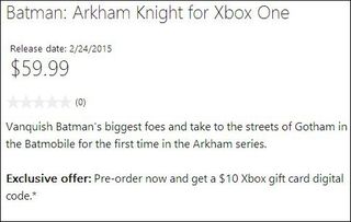 Microsoft Store's release date for Batman: Arkham Knight on Xbox One