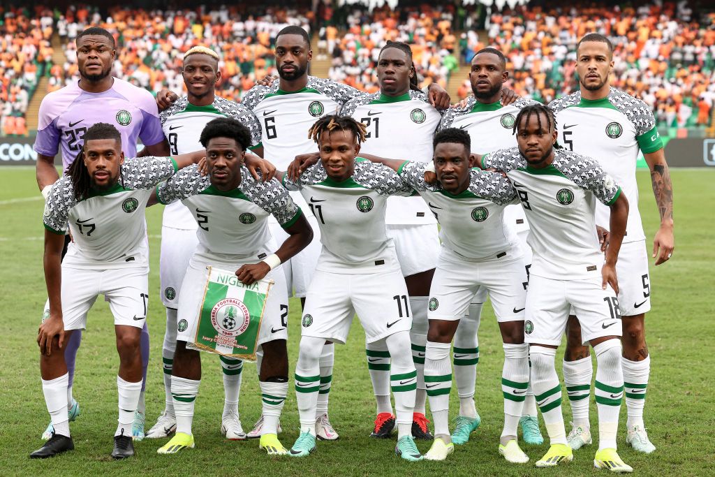 Nigeria AFCON 2023 squad: Nigeria&#039;s players pose ahead of the Africa Cup of Nations (CAN) 2024 group A football match between Ivory Coast and Nigeria at the Alassane Ouattara Olympic Stadium in Ebimpe, Abidjan, on January 18, 2024. (Photo by FRANCK FIFE / AFP) (Photo by FRANCK FIFE/AFP via Getty Images)