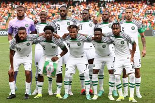 Nigeria AFCON 2023 squad: Nigeria's players pose ahead of the Africa Cup of Nations (CAN) 2024 group A football match between Ivory Coast and Nigeria at the Alassane Ouattara Olympic Stadium in Ebimpe, Abidjan, on January 18, 2024. (Photo by FRANCK FIFE / AFP) (Photo by FRANCK FIFE/AFP via Getty Images)
