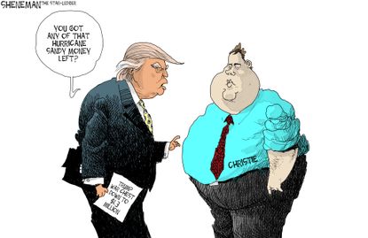 Political cartoon US Chris Christie Donald Trump Hurricane Sandy money
