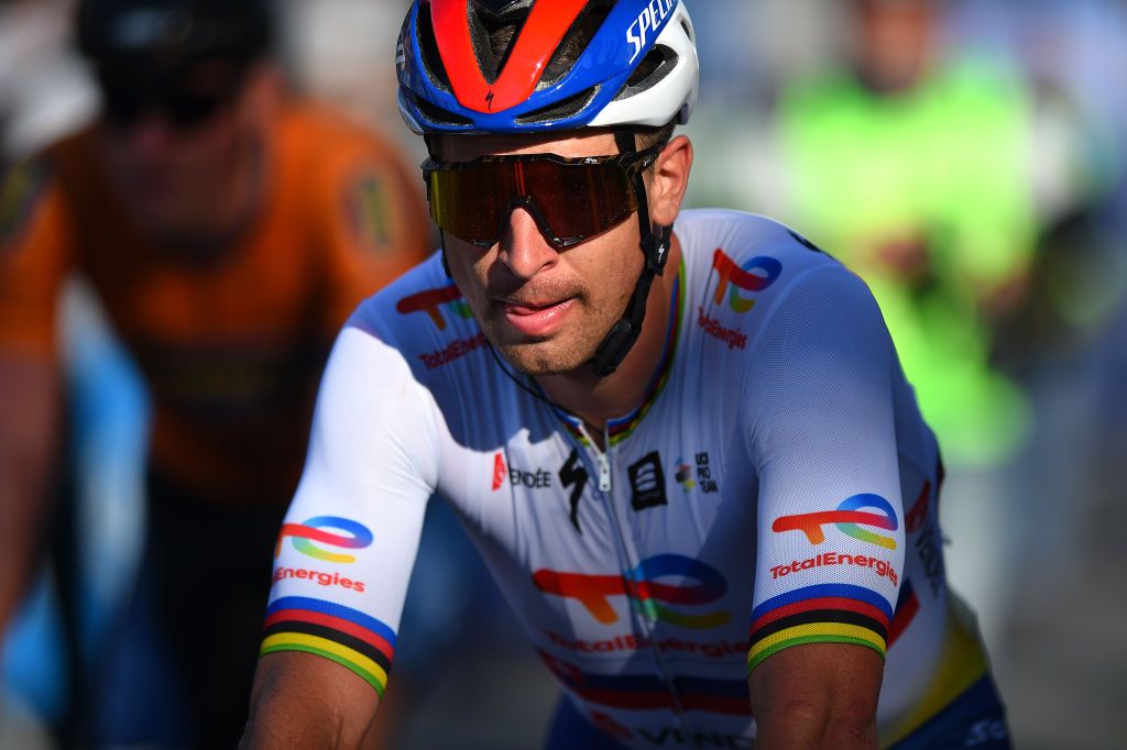 LA SEYNESURMER FRANCE FEBRUARY 18 Peter Sagan of Slovakia and Team Total Energies reacts after cross the finishing line during the 54th Tour Des Alpes Maritimes Et Du Var 2022 Stage 1 a 176km stage from Saint Raphal to La SeynesurMer TDHV22 on February 18 2022 in La SeynesurMer France Photo by Dario BelingheriGetty Images