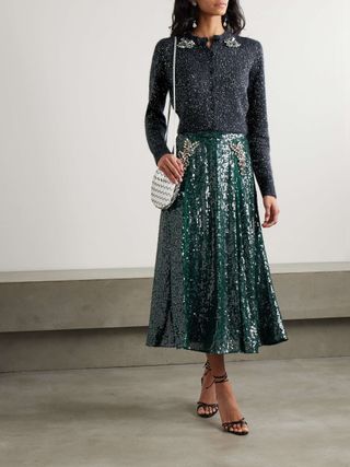 Embellished Sequined Chiffon Midi Skirt