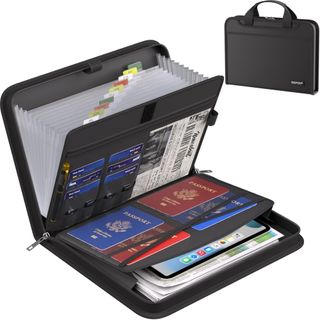 A black file organizer with a handle