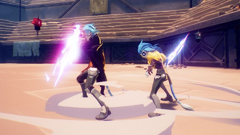 Two Hyper Light Breaker characters in arena brandishing light weapons