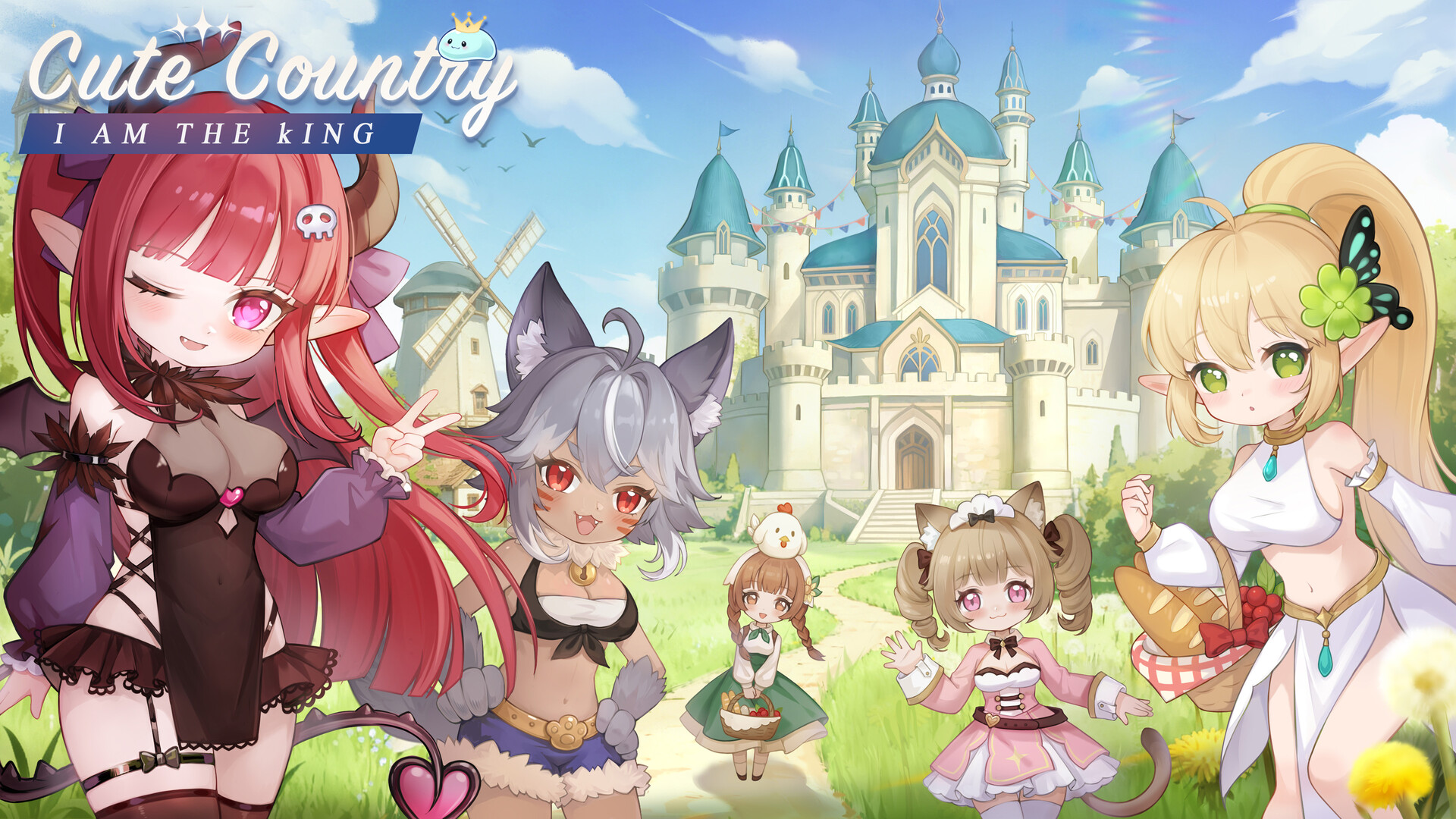 Five characters stand before a big castle