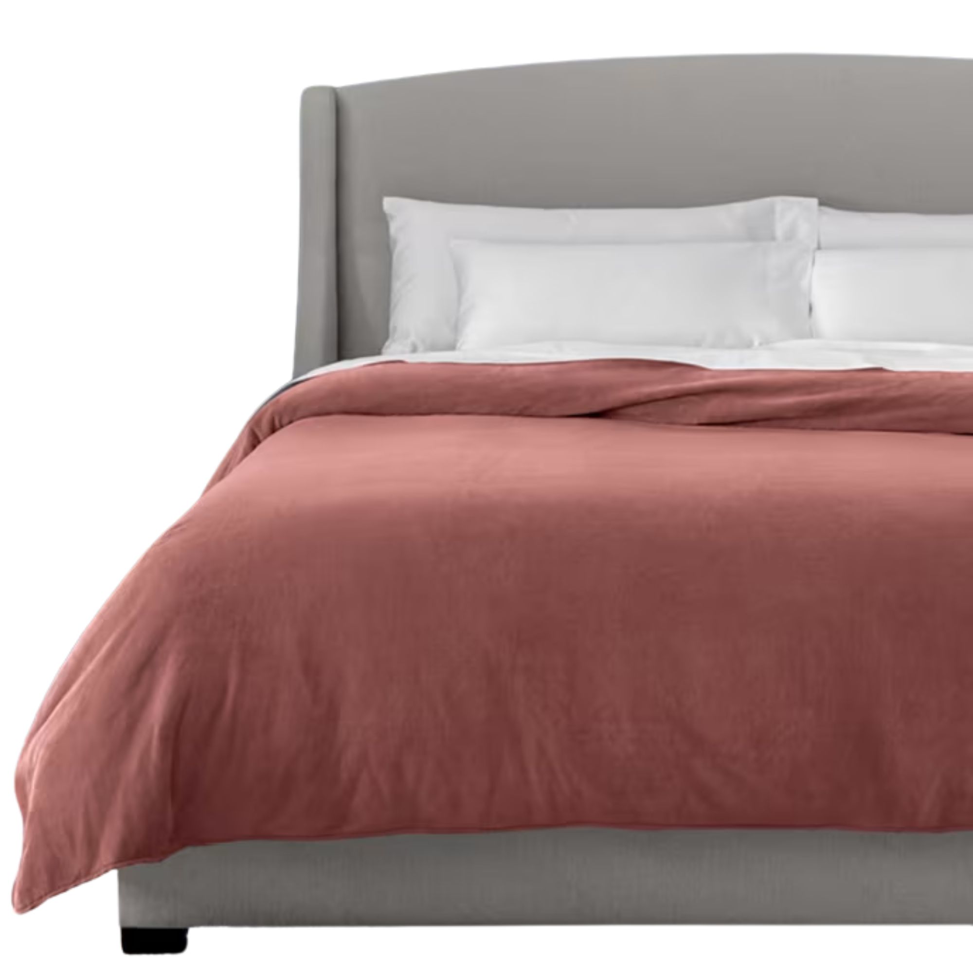 Sleep Number plush blanket on a grey bed with white bedding.
