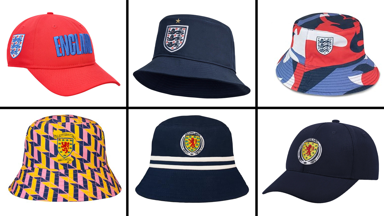 A selection of England and Scotland world cup hats on a white background