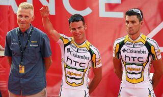 Brian Holm (left), Mark Cavendish (centre) and Bernhard Eisel line up for Team Columbia-HTC at the 2009 Tour de France in Monaco