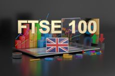 Inscription in gold letters FTSE 100 and the United Kingdom flag